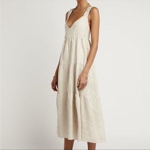 Dissh Amy Natural Linen Dress US size 10 Cross Back V Neck Midi Tiered Lined